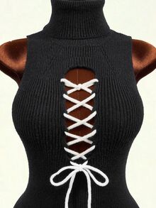 Mistrie Gaun Mini Bodycon Rajut Bergaris Tanpa Lengan Leher Tinggi dengan Detail Renda Hitam Putih Kontras, Bagian Dada Berlubang, dan Hem Berumbai, Cocok untuk Halloween, Klub, dan Musim Panas. - Hitam - View 9