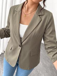 Elenzga Áo blazer size lớn màu xám cổ ve notch, tay lỡ, dáng regular fit, phong cách công sở doanh nghiệp, baggy lịch sự, smart casual, cho mùa xuân/thu, phù hợp Ngày Nhà giáo - Xám - Xem 5