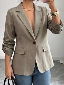 Elenzga Áo blazer size lớn màu xám cổ ve notch, tay lỡ, dáng regular fit, phong cách công sở doanh nghiệp, baggy lịch sự, smart casual, cho mùa xuân/thu, phù hợp Ngày Nhà giáo - Xám - Xem 3