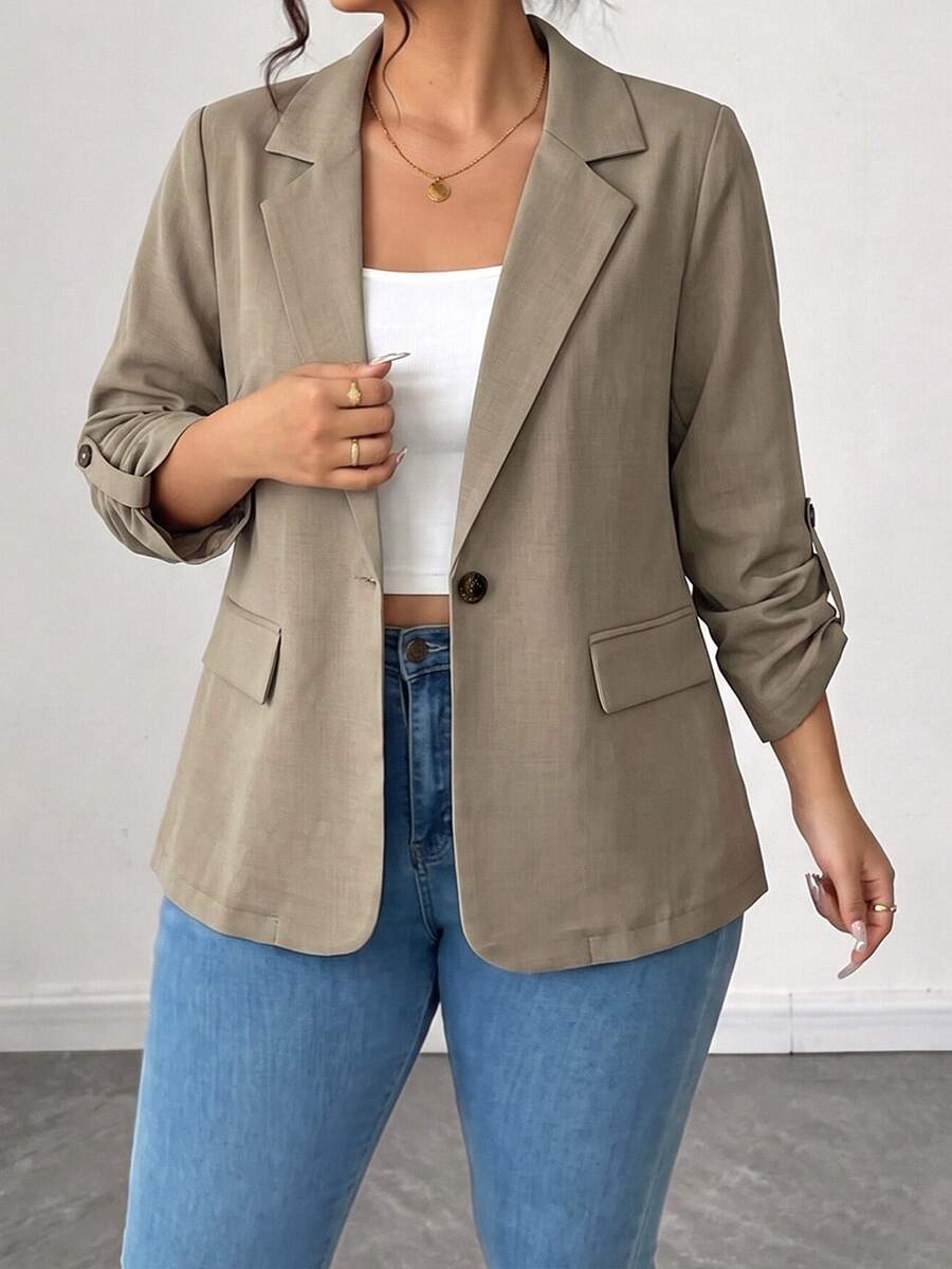 Elenzga Áo blazer size lớn màu xám cổ ve notch, tay lỡ, dáng regular fit, phong cách công sở doanh nghiệp, baggy lịch sự, smart casual, cho mùa xuân/thu, phù hợp Ngày Nhà giáo - Xám - Xem 1