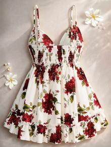 Flirla Plus Size Women Floral Print Camisole Mesh Top Vacation White Red Summer Cottage Core - Multicolor - View 3