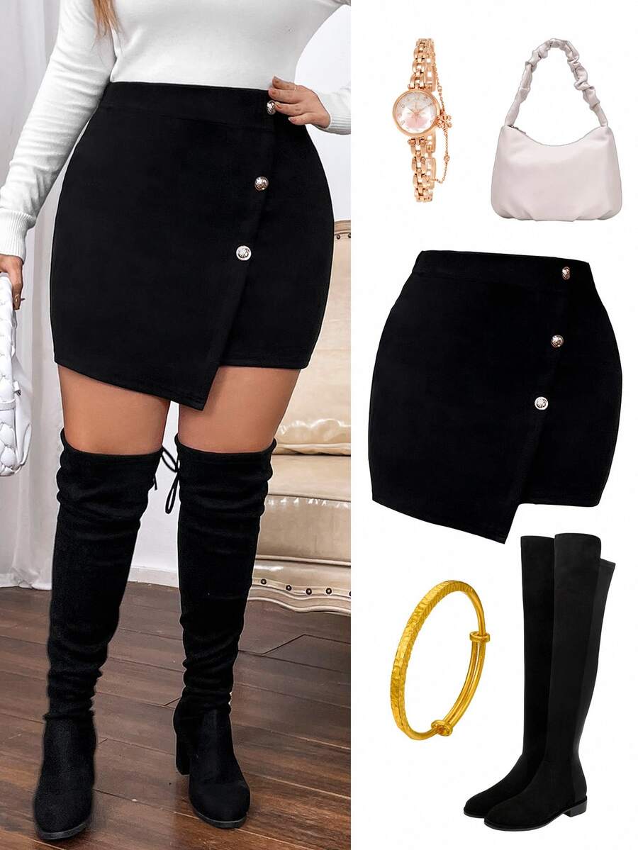 SHEIN Clasi Plus Button Front Asymmetrical Hem Skirt - Black - View 1