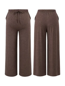 SHEIN Set Pakaian Hamil Pinggang Tinggi untuk Wanita, Warna Polos, Bahu Asimetris, Atasan Lengan Pendek dan Panjang, Celana Panjang, Cokelat, Cocok untuk Pemotretan Musim Gugur dan Acara Formal. - Dark Grey - View 6