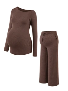 SHEIN Set Pakaian Hamil Pinggang Tinggi untuk Wanita, Warna Polos, Bahu Asimetris, Atasan Lengan Pendek dan Panjang, Celana Panjang, Cokelat, Cocok untuk Pemotretan Musim Gugur dan Acara Formal. - Dark Grey - View 4