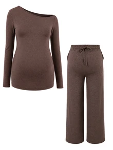 SHEIN Set Pakaian Hamil Pinggang Tinggi untuk Wanita, Warna Polos, Bahu Asimetris, Atasan Lengan Pendek dan Panjang, Celana Panjang, Cokelat, Cocok untuk Pemotretan Musim Gugur dan Acara Formal. - Dark Grey - View 5