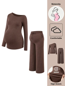 SHEIN Set Pakaian Hamil Pinggang Tinggi untuk Wanita, Warna Polos, Bahu Asimetris, Atasan Lengan Pendek dan Panjang, Celana Panjang, Cokelat, Cocok untuk Pemotretan Musim Gugur dan Acara Formal. - Dark Grey - View 8