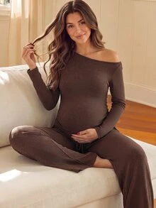 SHEIN Set Pakaian Hamil Pinggang Tinggi untuk Wanita, Warna Polos, Bahu Asimetris, Atasan Lengan Pendek dan Panjang, Celana Panjang, Cokelat, Cocok untuk Pemotretan Musim Gugur dan Acara Formal. - Dark Grey - View 1