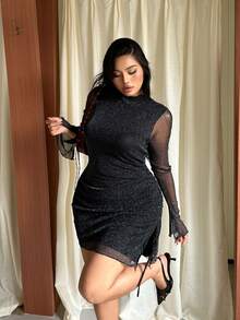 GalTyme 大尺碼女款立領喇叭袖修身亮面時尚洋裝 秋季 - 黑色 - 查看 6