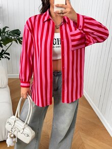 SHEIN EZwear Kemeja Kasual Wanita Ukuran Besar Lengan Panjang Bergaris Kancing Tunggal dengan Kantong untuk Musim Gugur - MultiWarna - View 4