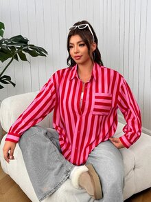 SHEIN EZwear Kemeja Kasual Wanita Ukuran Besar Lengan Panjang Bergaris Kancing Tunggal dengan Kantong untuk Musim Gugur - MultiWarna - View 5