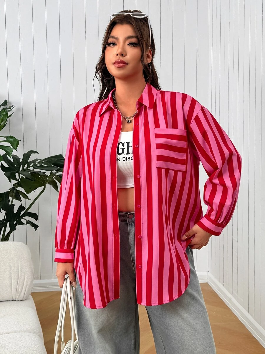 SHEIN EZwear Kemeja Kasual Wanita Ukuran Besar Lengan Panjang Bergaris Kancing Tunggal dengan Kantong untuk Musim Gugur - MultiWarna - View 1