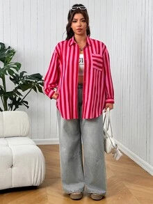 SHEIN EZwear Kemeja Kasual Wanita Ukuran Besar Lengan Panjang Bergaris Kancing Tunggal dengan Kantong untuk Musim Gugur - MultiWarna - View 3