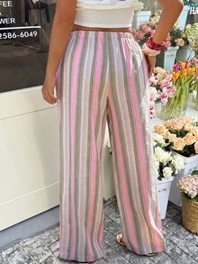 GalTyme 大码女式腰带条纹阔腿裤 - 彩色 - 查看 3