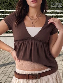 GalTyme Plus Size Women's 2 In 1 Short Sleeve Ruffle Hem Casual T-Shirt - Brown - View 5
