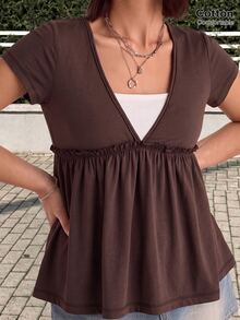 GalTyme Plus Size Women's 2 In 1 Short Sleeve Ruffle Hem Casual T-Shirt - Brown - View 4