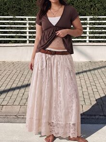 GalTyme Plus Size Women's 2 In 1 Short Sleeve Ruffle Hem Casual T-Shirt - Brown - View 3
