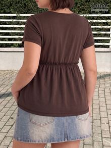 GalTyme Plus Size Women's 2 In 1 Short Sleeve Ruffle Hem Casual T-Shirt - Brown - View 2