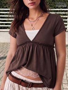 GalTyme Plus Size Women's 2 In 1 Short Sleeve Ruffle Hem Casual T-Shirt - Brown - View 1