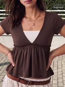 GalTyme Plus Size Women's 2 In 1 Short Sleeve Ruffle Hem Casual T-Shirt - Brown - View 6
