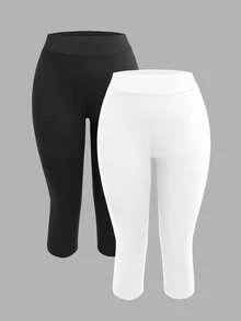 SHEIN EZwear Legging Ketat Wanita Ukuran Besar Warna Polos Kasual Serbaguna untuk Pemakaian Sehari-hari - Hitam dan Putih - View 5