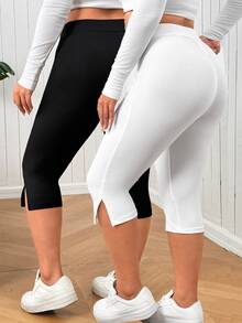 SHEIN EZwear Legging Ketat Wanita Ukuran Besar Warna Polos Kasual Serbaguna untuk Pemakaian Sehari-hari - Hitam dan Putih - View 4