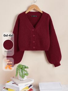 SHEIN Essnce Plus Size Casual Solid Color Lantern Sleeve Cardigan, Autumn/Winter - Red Violet - View 6