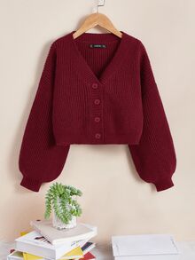 SHEIN Essnce Plus Size Casual Solid Color Lantern Sleeve Cardigan, Autumn/Winter - Red Violet - View 5