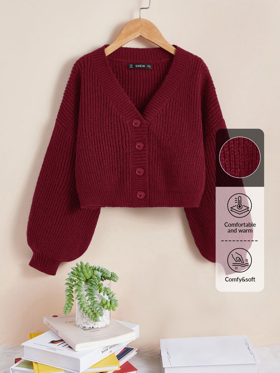 SHEIN Essnce Plus Size Casual Solid Color Lantern Sleeve Cardigan, Autumn/Winter - Red Violet - View 1