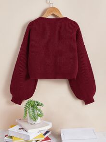 SHEIN Essnce Plus Size Casual Solid Color Lantern Sleeve Cardigan, Autumn/Winter - Red Violet - View 2
