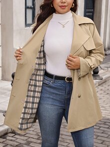 SHEIN Clasi Plus Double Breasted Belted Trench Coat Fall - Khaki - View 9