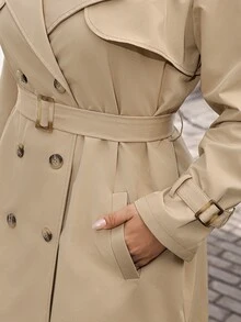 SHEIN Clasi Plus Double Breasted Belted Trench Coat Fall - Khaki - View 6