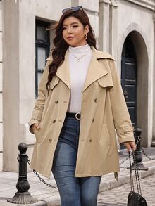 SHEIN Clasi Plus Double Breasted Belted Trench Coat Fall - Khaki - View 5