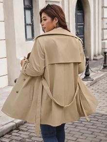 SHEIN Clasi Plus Double Breasted Belted Trench Coat Fall - Khaki - View 3