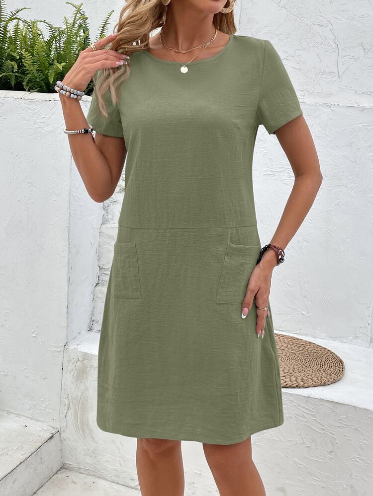 EMERY ROSE Women's 100% Cotton Summer Casual Dress With Pockets, Short Sleeve T-Shirt Dress,Summer Dresses For Women - Green - View 7