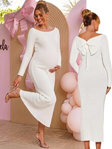 Loomaby Maternity Solid Color Casual Elegant Chic Daily Wear Autumn Knit Dress,Gender Reveal Dress,Maternity Dress,Baby Shower Dress Photoshoot White - White - View 1