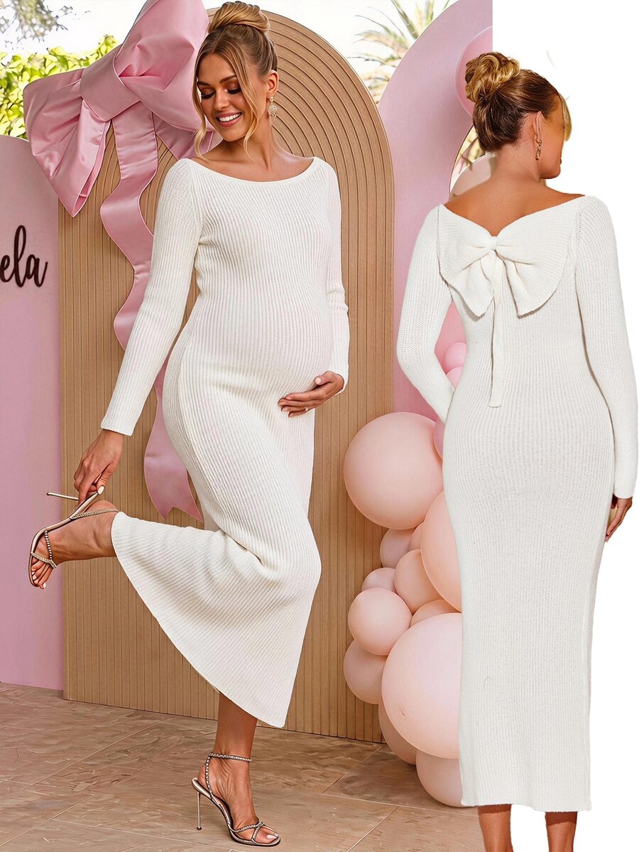 Loomaby Maternity Solid Color Casual Elegant Chic Daily Wear Autumn Knit Dress,Gender Reveal Dress,Maternity Dress,Baby Shower Dress Photoshoot White - White - View 1