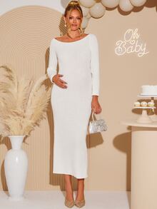 Loomaby Maternity Solid Color Casual Elegant Chic Daily Wear Autumn Knit Dress,Gender Reveal Dress,Maternity Dress,Baby Shower Dress Photoshoot White - White - View 3