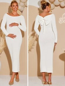 Loomaby Maternity Solid Color Casual Elegant Chic Daily Wear Autumn Knit Dress,Gender Reveal Dress,Maternity Dress,Baby Shower Dress Photoshoot White - White - View 2