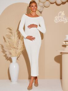 Loomaby Maternity Solid Color Casual Elegant Chic Daily Wear Autumn Knit Dress,Gender Reveal Dress,Maternity Dress,Baby Shower Dress Photoshoot White - White - View 6
