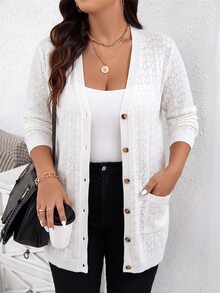 Comfylo Plus Size Hollow Out Casual Kawaii Knit Cardigan Autumn Formal Office White - White - View 1
