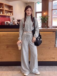 Comfortcana Women's Knight Pattern Zipper Long Sleeve Top And Pants Casual Daily Set - Light Grey - View 4