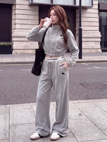 Comfortcana Women's Knight Pattern Zipper Long Sleeve Top And Pants Casual Daily Set - Light Grey - View 5