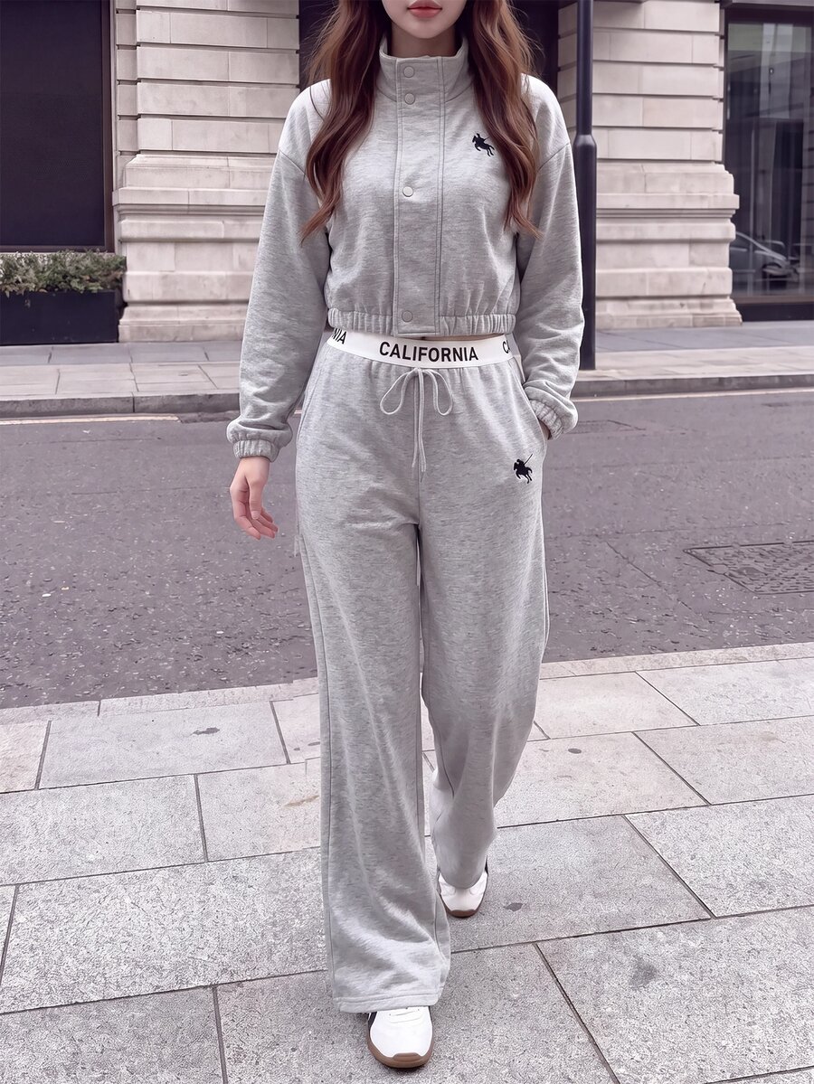 Comfortcana Women's Knight Pattern Zipper Long Sleeve Top And Pants Casual Daily Set - Light Grey - View 1
