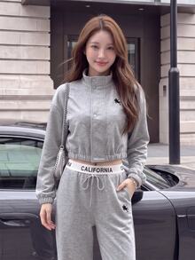 Comfortcana Women's Knight Pattern Zipper Long Sleeve Top And Pants Casual Daily Set - Light Grey - View 2