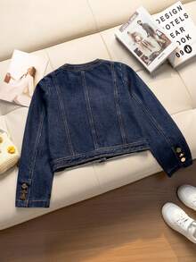 Girls' Denim Jacket, Spring/Autumn New Arrival, Casual Preppy Style, Original Color Washed Denim With Gold Buttons, Short Denim Jacket, Loose Fit, Deep Blue Round Neck Long Sleeve Design, Casual Outerwear For Girls, Suitable For School, Daily Wear, Outings, Street Style - Blue - View 2