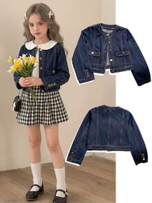 Girls' Denim Jacket, Spring/Autumn New Arrival, Casual Preppy Style, Original Color Washed Denim With Gold Buttons, Short Denim Jacket, Loose Fit, Deep Blue Round Neck Long Sleeve Design, Casual Outerwear For Girls, Suitable For School, Daily Wear, Outings, Street Style - Blue - View 8