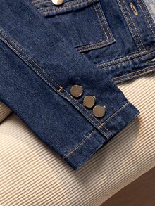 Girls' Denim Jacket, Spring/Autumn New Arrival, Casual Preppy Style, Original Color Washed Denim With Gold Buttons, Short Denim Jacket, Loose Fit, Deep Blue Round Neck Long Sleeve Design, Casual Outerwear For Girls, Suitable For School, Daily Wear, Outings, Street Style - Blue - View 6