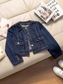 Girls' Denim Jacket, Spring/Autumn New Arrival, Casual Preppy Style, Original Color Washed Denim With Gold Buttons, Short Denim Jacket, Loose Fit, Deep Blue Round Neck Long Sleeve Design, Casual Outerwear For Girls, Suitable For School, Daily Wear, Outings, Street Style - Blue - View 1