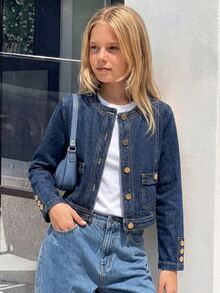 Girls' Denim Jacket, Spring/Autumn New Arrival, Casual Preppy Style, Original Color Washed Denim With Gold Buttons, Short Denim Jacket, Loose Fit, Deep Blue Round Neck Long Sleeve Design, Casual Outerwear For Girls, Suitable For School, Daily Wear, Outings, Street Style - Blue - View 7