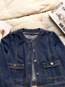 Girls' Denim Jacket, Spring/Autumn New Arrival, Casual Preppy Style, Original Color Washed Denim With Gold Buttons, Short Denim Jacket, Loose Fit, Deep Blue Round Neck Long Sleeve Design, Casual Outerwear For Girls, Suitable For School, Daily Wear, Outings, Street Style - Blue - View 4